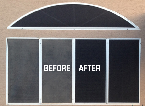 Actual house window screens before and after Screen Magic